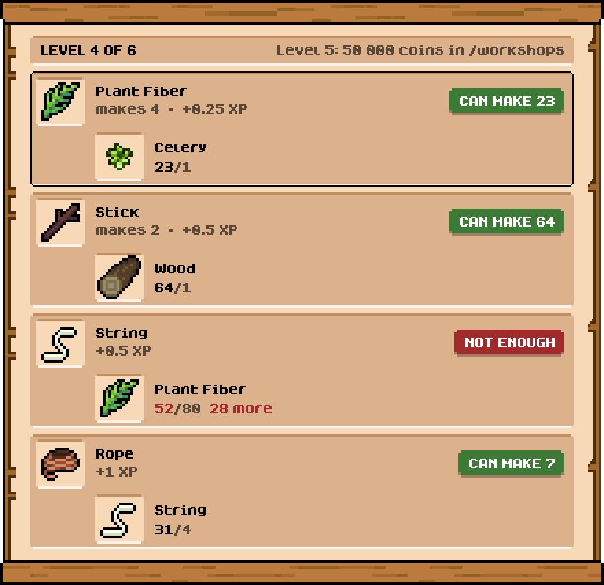 The craft card for the carpenter: its level and what the next costs, then four recipes with their ingredients, one marked not enough