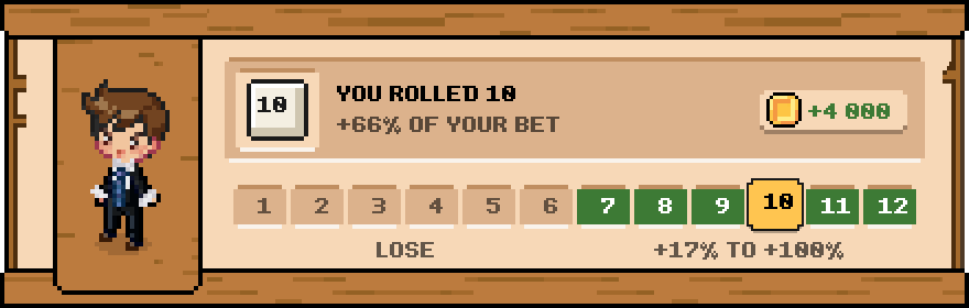 The dice card: a roll of 10 on the 1 to 12 track, winning 66% of the bet