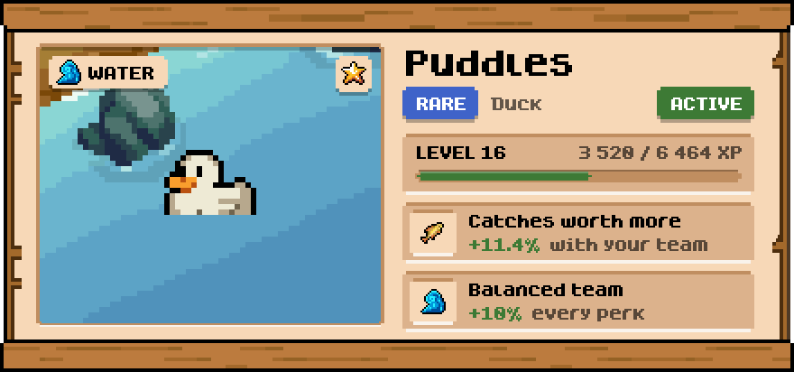 A companion card for a duck named Puddles: its level, its perk with the team bonus, and the balanced team bonus