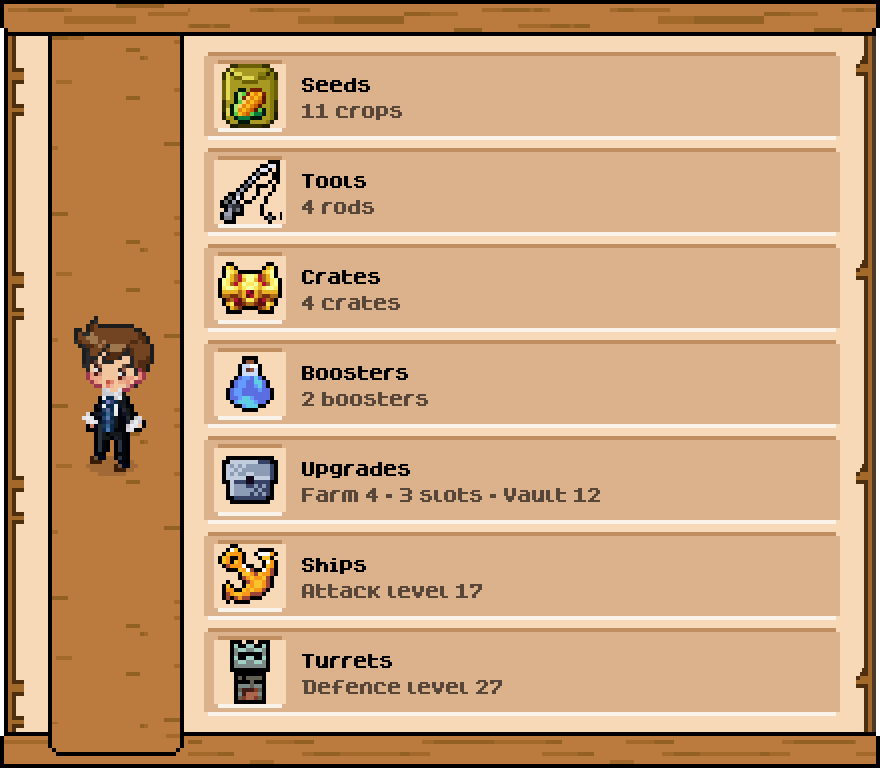 The shop card: the player beside the seven shelves