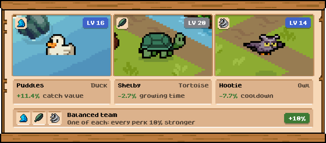 A balanced team card: a duck, a tortoise and an owl, each on the island, with their nicknames and perks