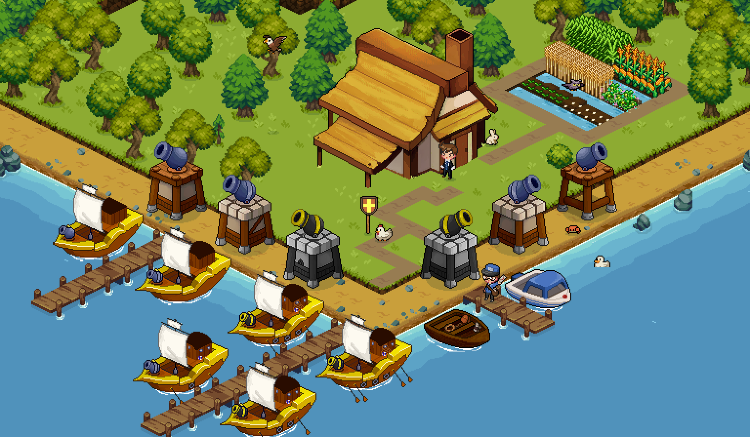 A built-up island: the house and field behind the point, turrets along both beaches, ships at the piers and companions around the lawn
