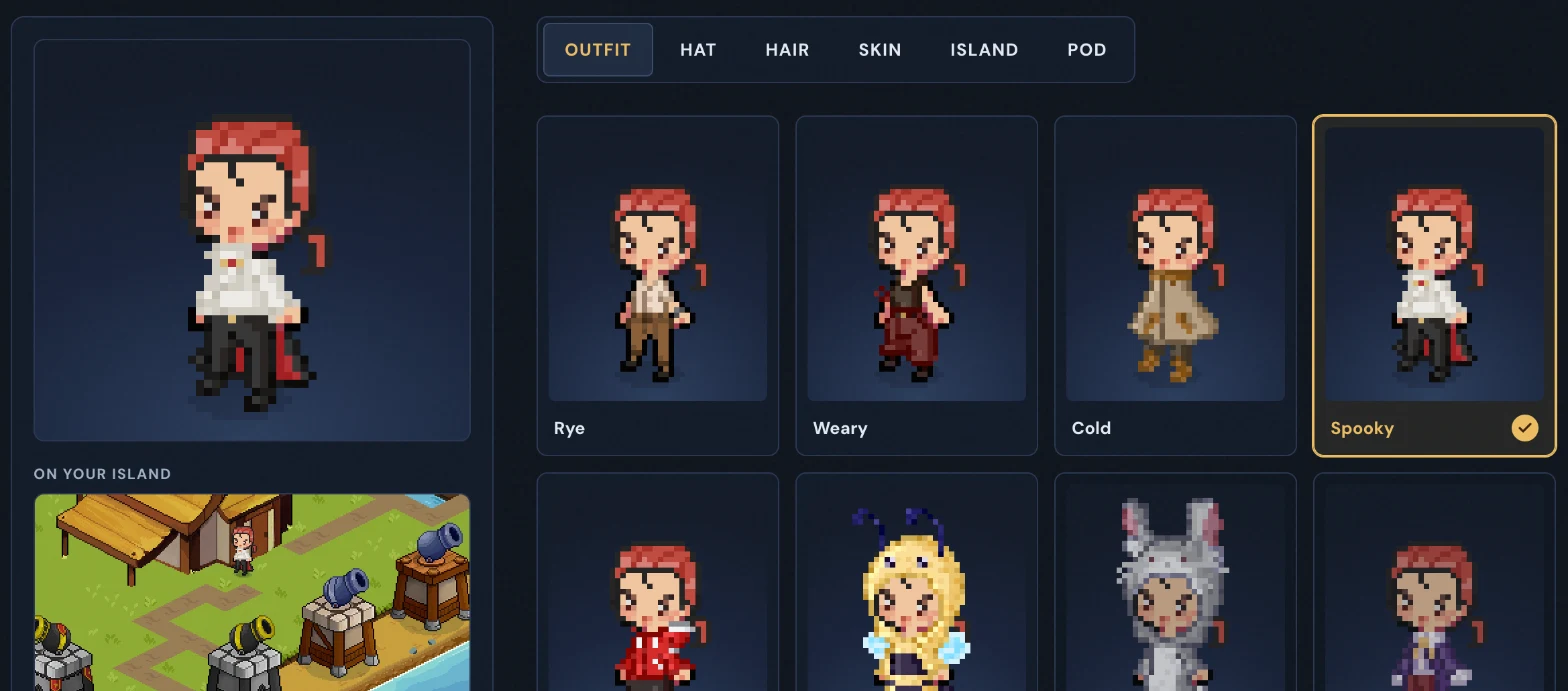 The profile page on Isles.gg: a big preview of the avatar, the avatar at the door of their island, and the outfits to pick from