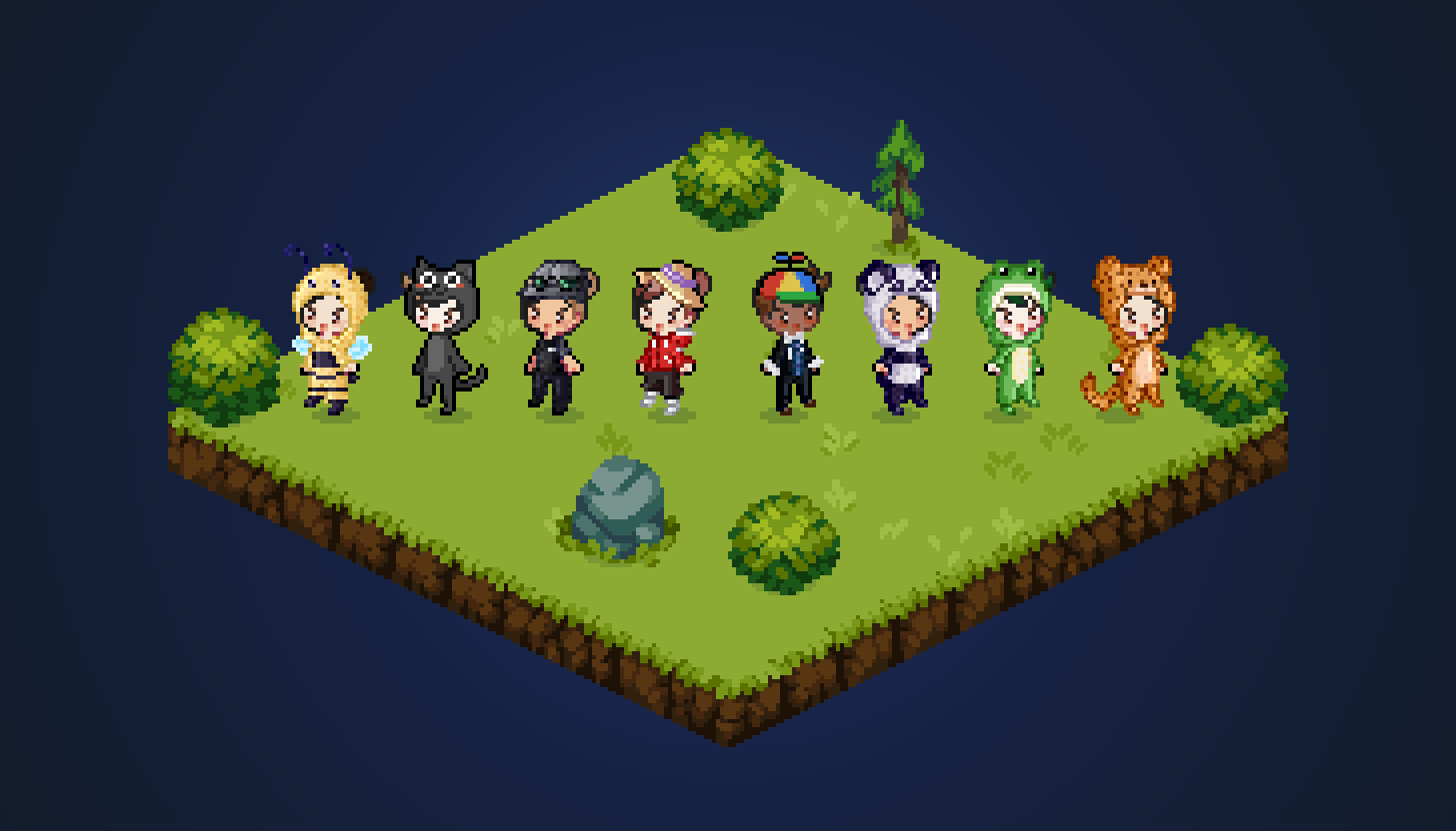 Eight players on a patch of grass in store looks: the Bee, Cat and Panda onesies, the Stealth Suit, the Cool Outfit with a Sun Hat, the Suit with a Propeller Cap, and the Frog and Cheetah onesies