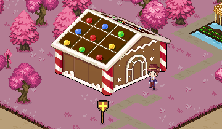 The Candy island: a gingerbread house among pink sakura trees on pink ground