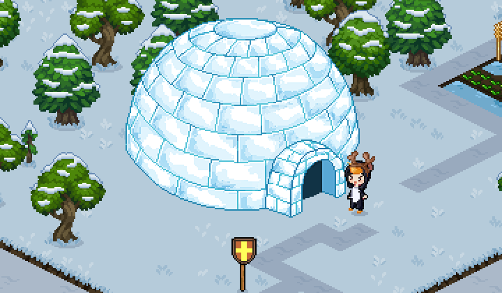 The Ice island: an igloo among snowy pines