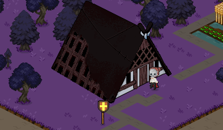 The Spooky island: a dark timber house on purple ground