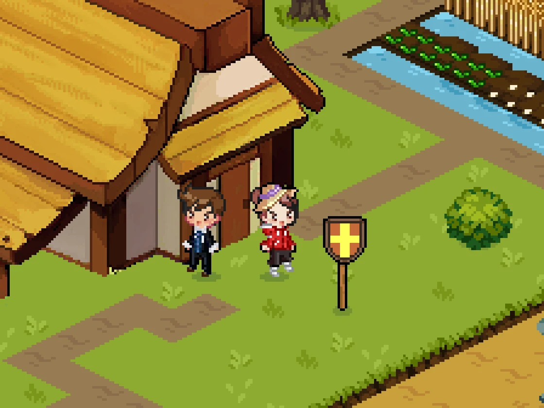 Two players at the door of an island house, beside their clan's banner on the lawn