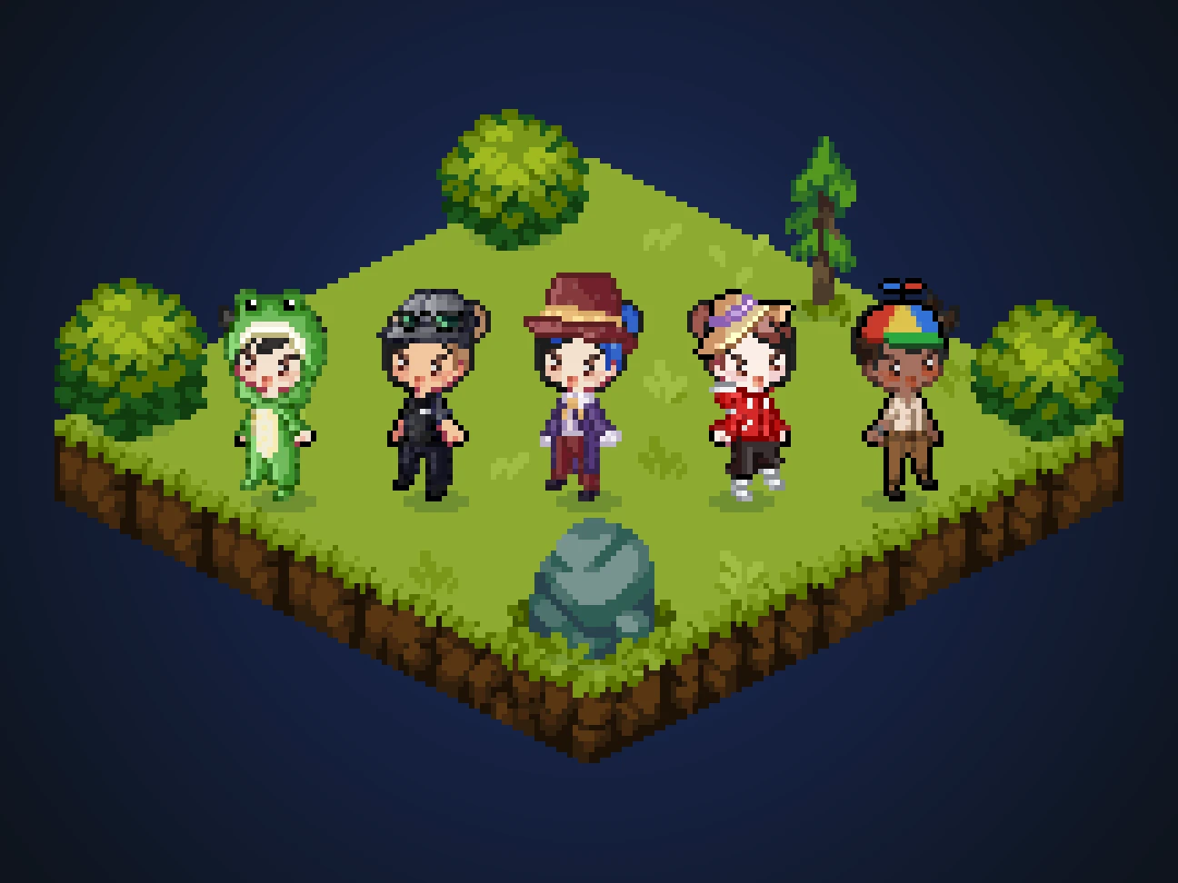 Five players on a floating patch of grass in different looks: a frog onesie, the Stealth Suit, the candy set, a sun hat and a propeller cap