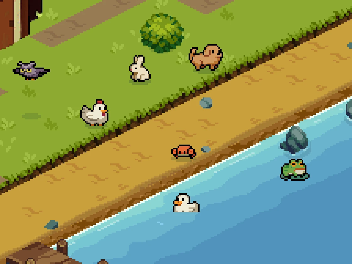 Companions out on an Isles island: a hen, a bunny and a dog on the lawn, an owl flying over it, a crab on the sand, and a duck and a frog in the water