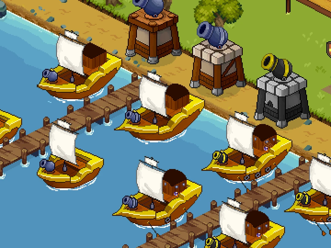 An Isles harbour: a fleet of ships moored at wooden piers below a line of cannon turrets on the beach
